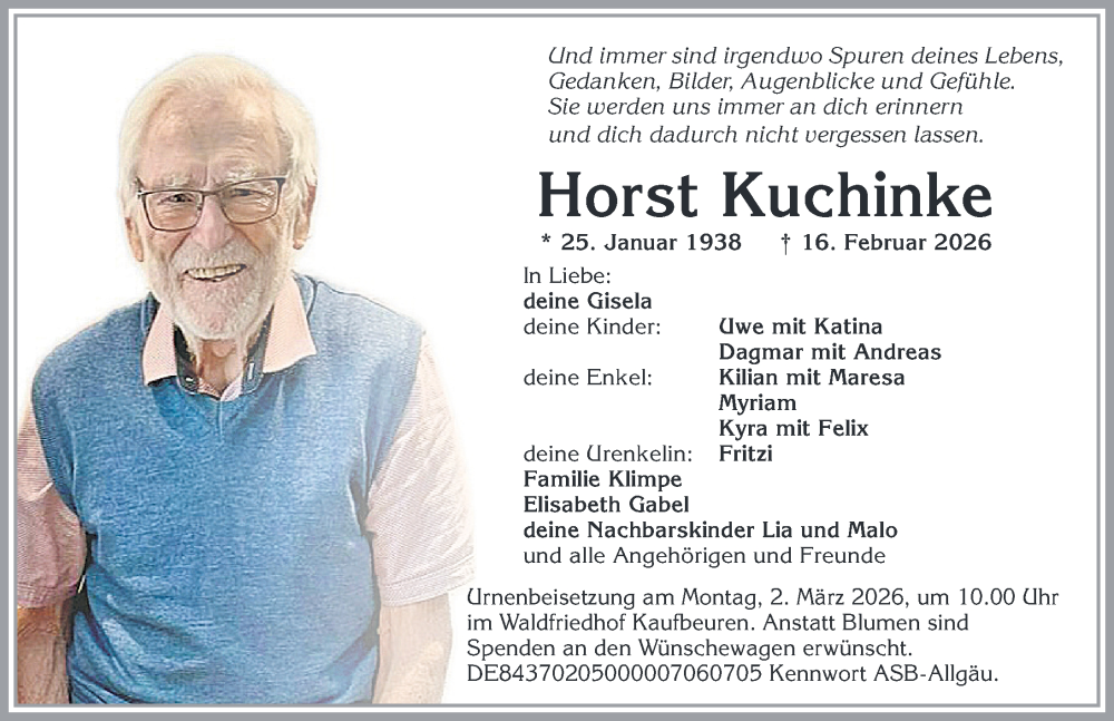  Traueranzeige für Horst Kuchinke vom 23.02.2026 aus Allgäuer Zeitung, Kaufbeuren/Buchloe