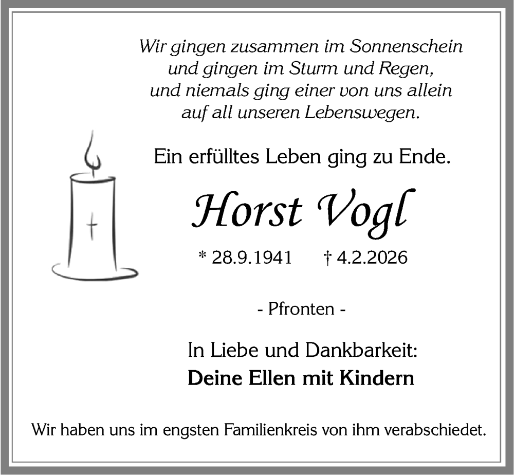  Traueranzeige für Horst Vogl vom 21.02.2026 aus Allgäuer Zeitung, Füssen
