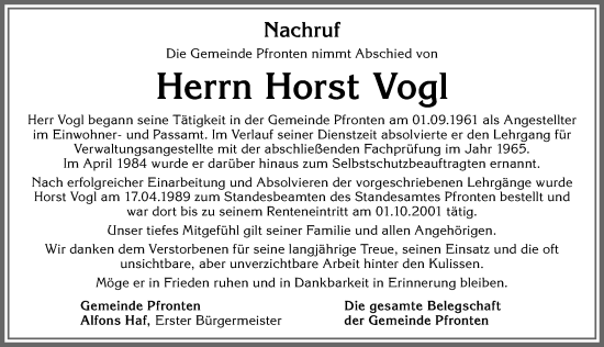 Traueranzeige von Horst Vogl von Allgäuer Zeitung, Füssen