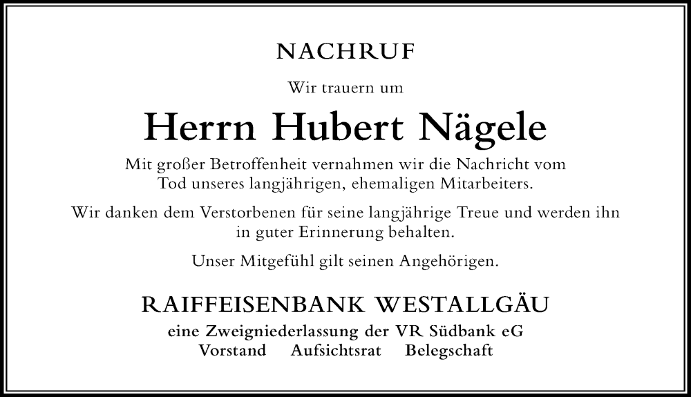  Traueranzeige für Hubert Nägele vom 17.02.2026 aus Der Westallgäuer