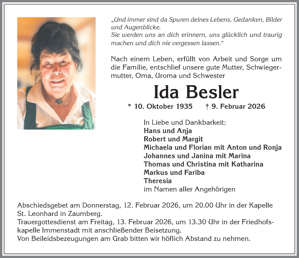  Traueranzeige für Ida Besler vom 11.02.2026 aus Allgäuer Anzeigeblatt