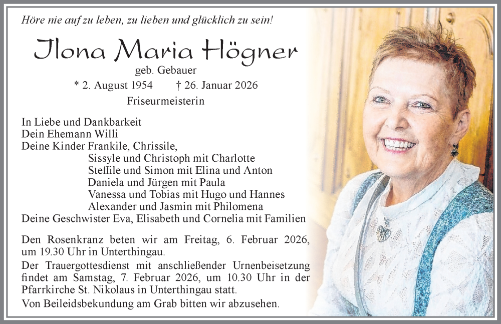  Traueranzeige für Ilona Maria Högner vom 03.02.2026 aus Allgäuer Zeitung, Marktoberdorf