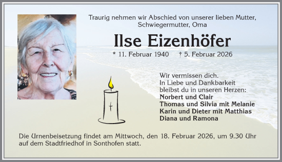 Traueranzeige von Ilse Eizenhöfer von Allgäuer Anzeigeblatt