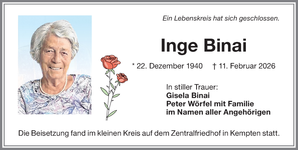  Traueranzeige für Inge Binai vom 28.02.2026 aus Allgäuer Zeitung,Kempten