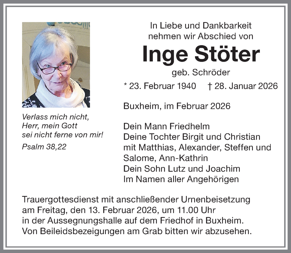  Traueranzeige für Inge Stöter vom 10.02.2026 aus Memminger Zeitung