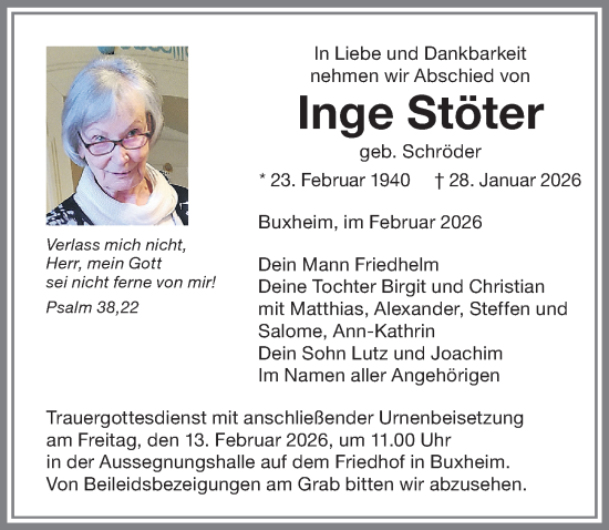 Traueranzeige von Inge Stöter von Memminger Zeitung