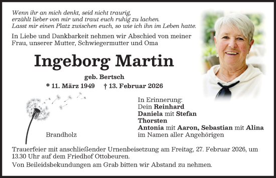 Traueranzeige von Ingeborg Martin von Memminger Zeitung
