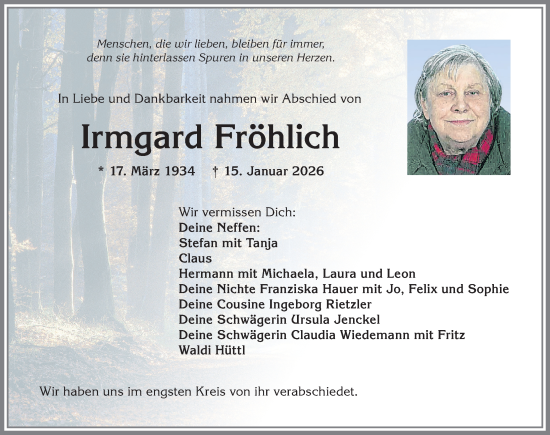 Traueranzeige von Irmgard Fröhlich von Allgäuer Zeitung, Kaufbeuren/Buchloe