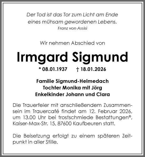 Traueranzeige von Irmgard Sigmund von Allgäuer Zeitung, Kaufbeuren/Buchloe