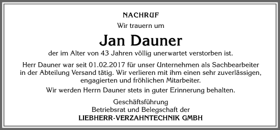 Traueranzeige von Jan Dauner von Allgäuer Zeitung,Kempten