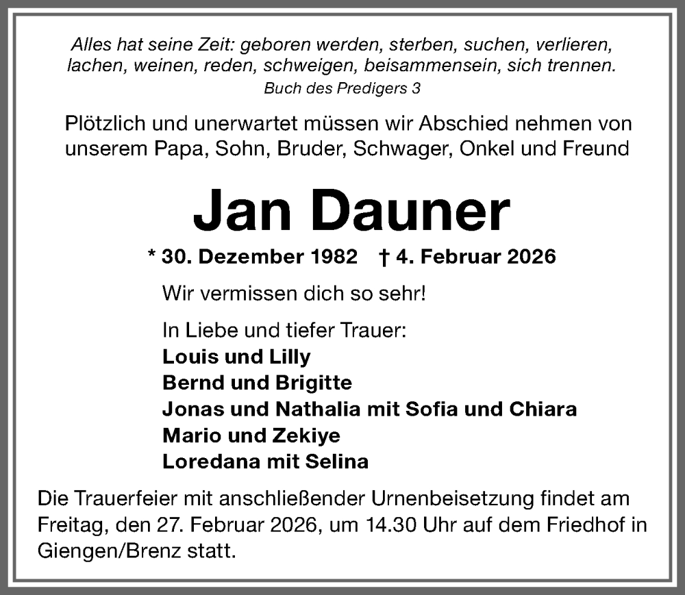  Traueranzeige für Jan Dauner vom 14.02.2026 aus Allgäuer Zeitung,Kempten