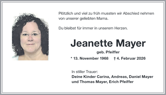Traueranzeige von Jeanette Mayer von Memminger Zeitung