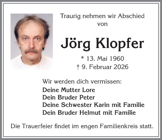 Traueranzeige von Jörg Klopfer von Allgäuer Zeitung,Kempten
