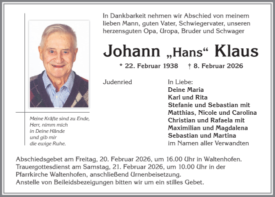 Traueranzeige von Johann Klaus von Allgäuer Zeitung,Kempten