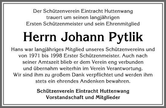 Traueranzeige von Johann Pytlik von Allgäuer Zeitung, Marktoberdorf