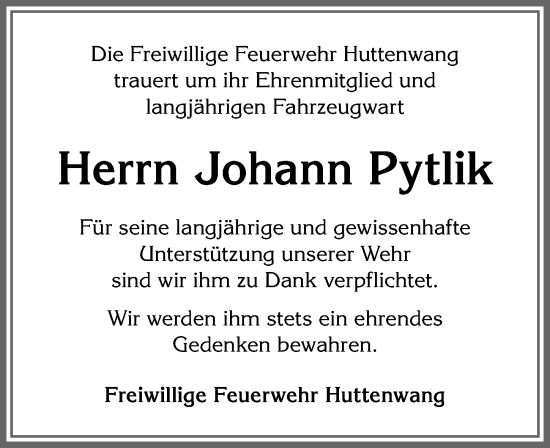 Traueranzeige von Johann Pytlik von Allgäuer Zeitung, Marktoberdorf
