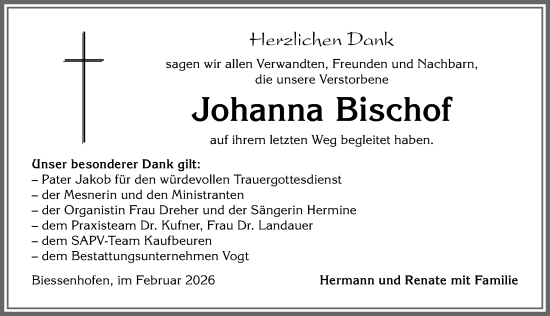 Traueranzeige von Johanna Bischof von Allgäuer Zeitung, Marktoberdorf