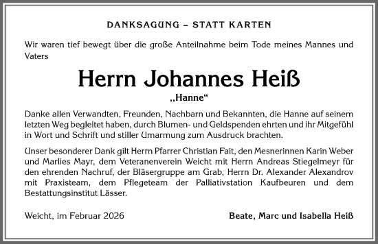 Traueranzeige von Johannes Heiß von Mindelheimer Zeitung, Augsburger Allgemeine