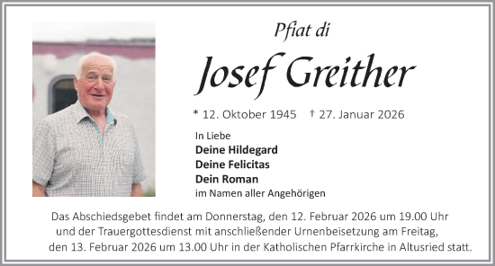 Traueranzeige von Josef Greither von Allgäuer Zeitung,Kempten