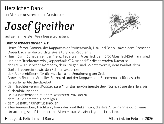Traueranzeige von Josef Greither von Allgäuer Zeitung,Kempten
