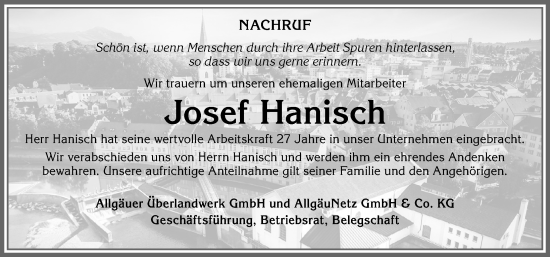 Traueranzeige von Josef Hanisch von Allgäuer Anzeigeblatt