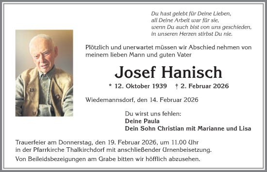 Traueranzeige von Josef Hanisch von Allgäuer Anzeigeblatt
