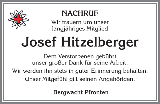 Traueranzeige von Josef Hitzelberger von Allgäuer Zeitung, Füssen