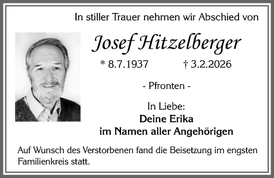 Traueranzeige von Josef Hitzelberger von Allgäuer Zeitung, Füssen