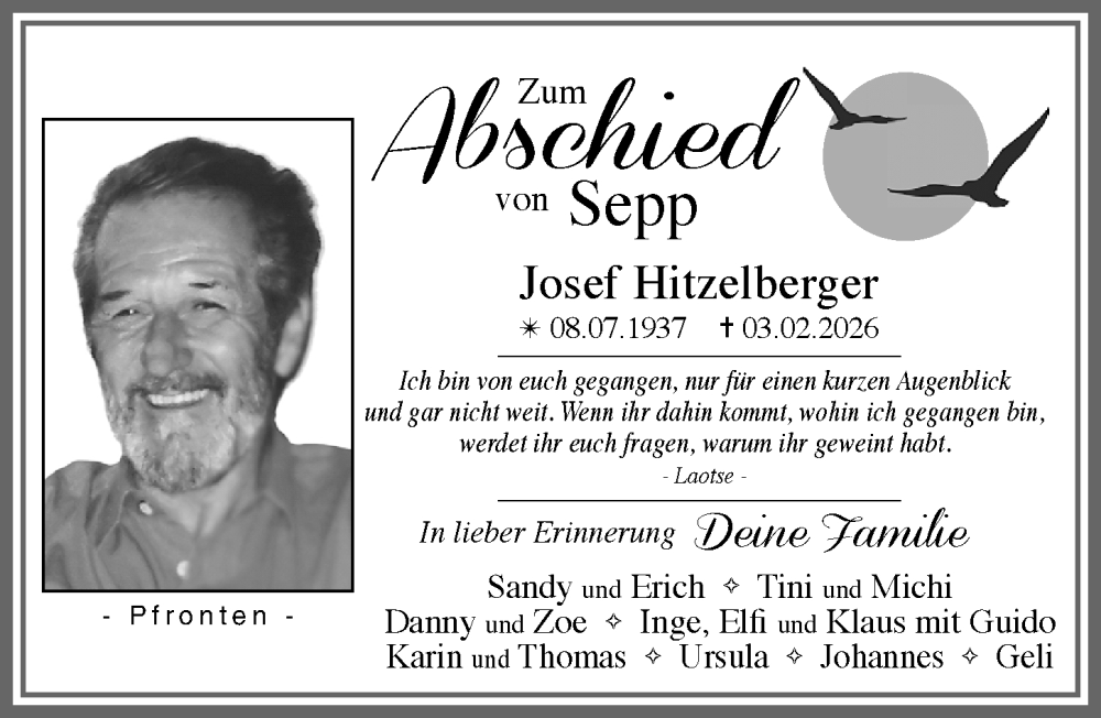  Traueranzeige für Josef Hitzelberger vom 12.02.2026 aus Allgäuer Zeitung, Füssen