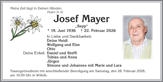 Traueranzeige von Josef Mayer von Allgäuer Zeitung, Marktoberdorf