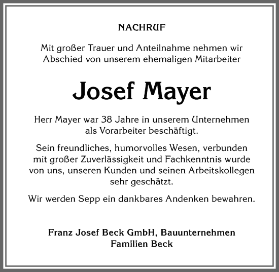 Traueranzeige von Josef Mayer von Allgäuer Zeitung, Marktoberdorf