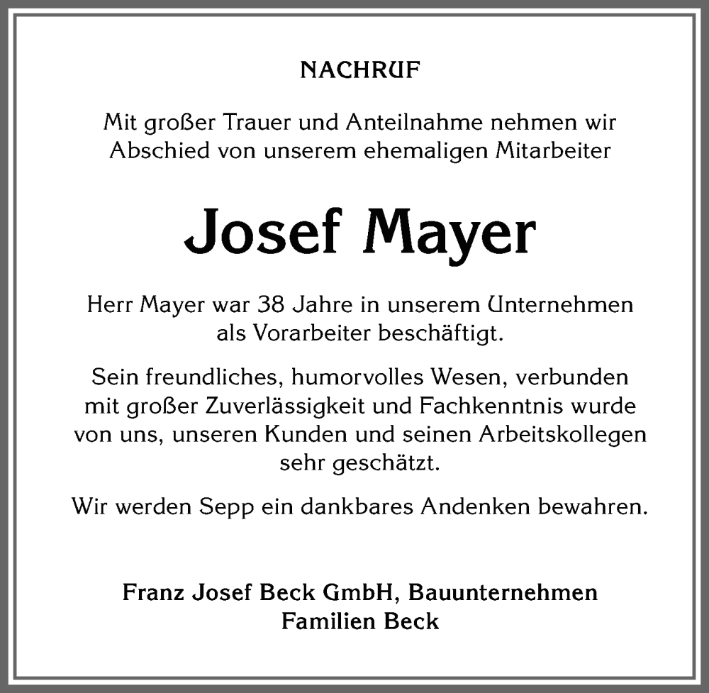  Traueranzeige für Josef Mayer vom 28.02.2026 aus Allgäuer Zeitung, Marktoberdorf