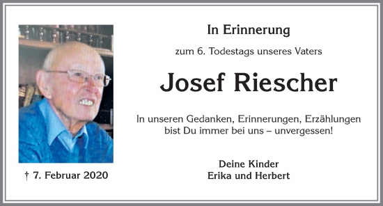 Traueranzeige von Josef Riescher von Allgäuer Zeitung,Kempten