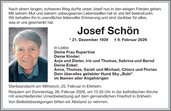 Traueranzeige von Josef Schön von Memminger Zeitung