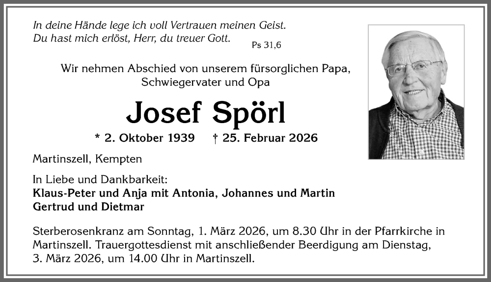  Traueranzeige für Josef Spörl vom 28.02.2026 aus Allgäuer Zeitung,Kempten