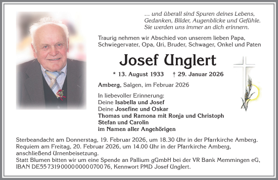 Traueranzeige von Josef Unglert von Mindelheimer Zeitung, Augsburger Allgemeine