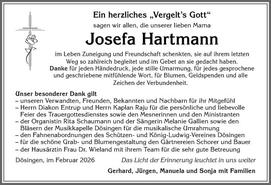 Traueranzeige von Josefa Hartmann von Allgäuer Zeitung, Kaufbeuren/Buchloe