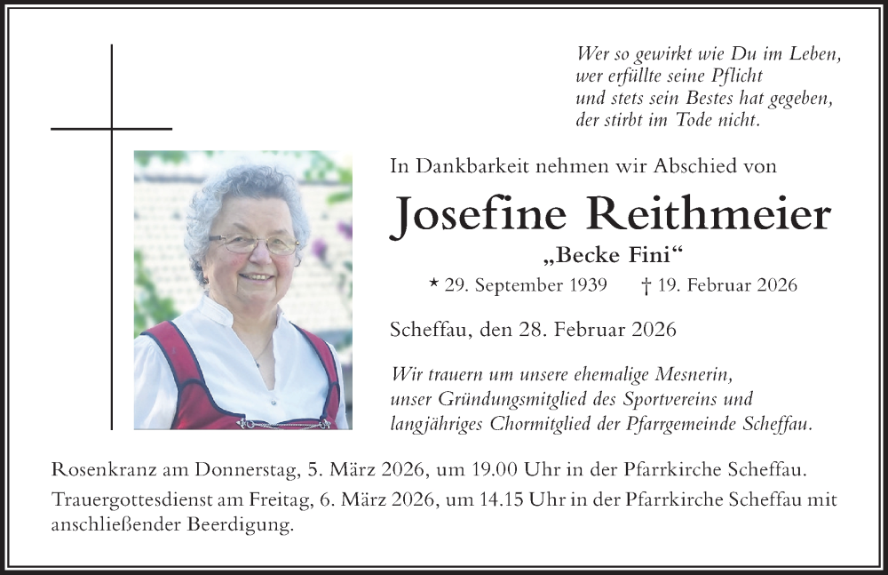  Traueranzeige für Josefine Reithmeier vom 28.02.2026 aus Der Westallgäuer
