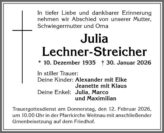 Traueranzeige von Julia Lechner-Streicher von Allgäuer Zeitung,Kempten