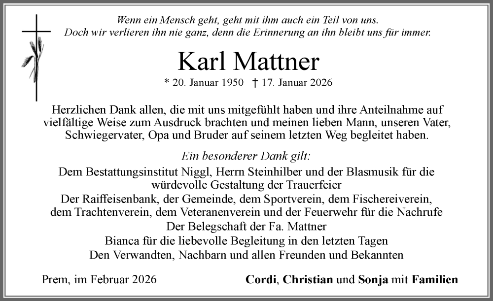  Traueranzeige für Karl Mattner vom 14.02.2026 aus Allgäuer Zeitung, Füssen