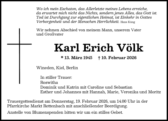 Traueranzeige von Karl Erich Völk von Mindelheimer Zeitung, Augsburger Allgemeine