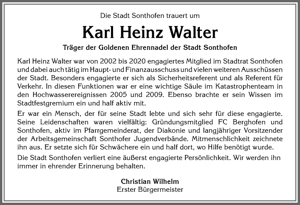  Traueranzeige für Karl Heinz Walter vom 07.02.2026 aus Allgäuer Anzeigeblatt
