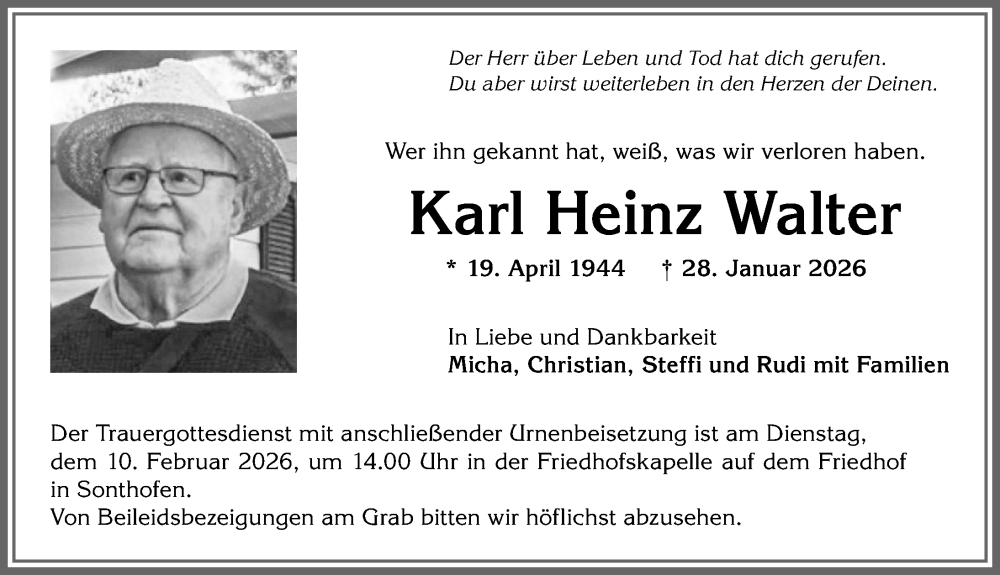 Traueranzeige für Karl Heinz Walter vom 07.02.2026 aus Allgäuer Anzeigeblatt