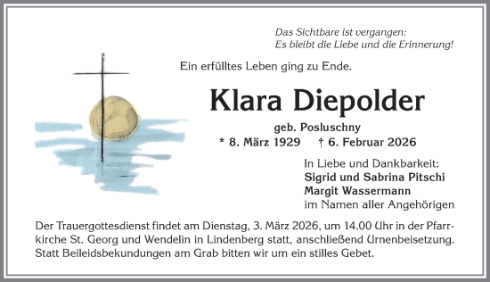 Traueranzeige von Klara Diepolder von Allgäuer Zeitung, Kaufbeuren/Buchloe