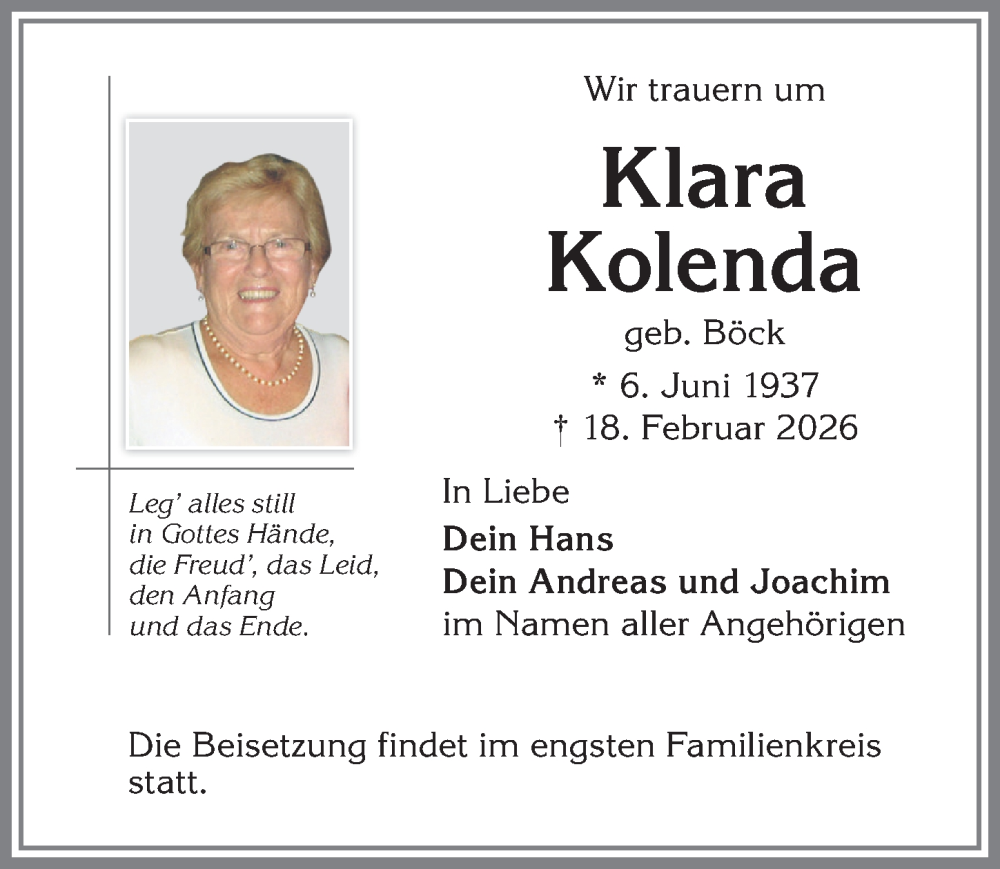  Traueranzeige für Klara Kolenda vom 28.02.2026 aus Allgäuer Zeitung,Kempten
