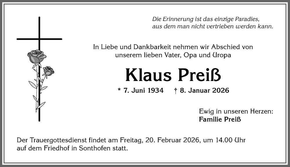 Traueranzeige für Klaus Preiß vom 14.02.2026 aus Allgäuer Anzeigeblatt