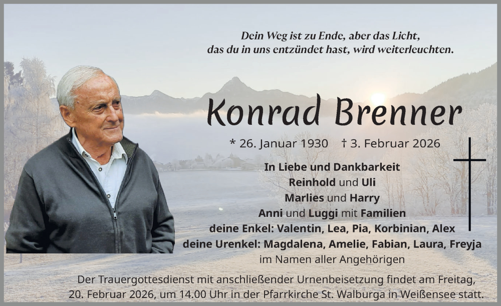  Traueranzeige für Konrad Brenner vom 14.02.2026 aus Allgäuer Zeitung, Füssen