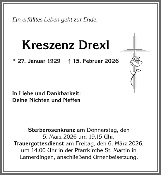 Traueranzeige von Kreszenz Drexl von Allgäuer Zeitung, Kaufbeuren/Buchloe
