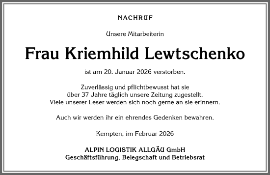 Traueranzeige von Kriemhild Lewtschenko von Allgäuer Zeitung,Kempten