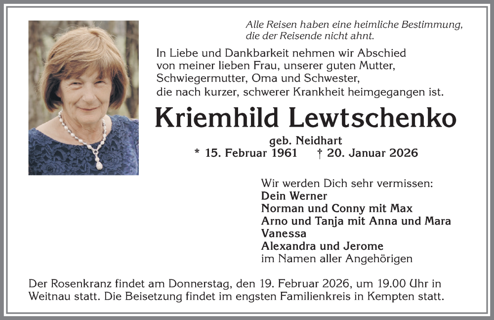  Traueranzeige für Kriemhild Lewtschenko vom 14.02.2026 aus Allgäuer Anzeigeblatt